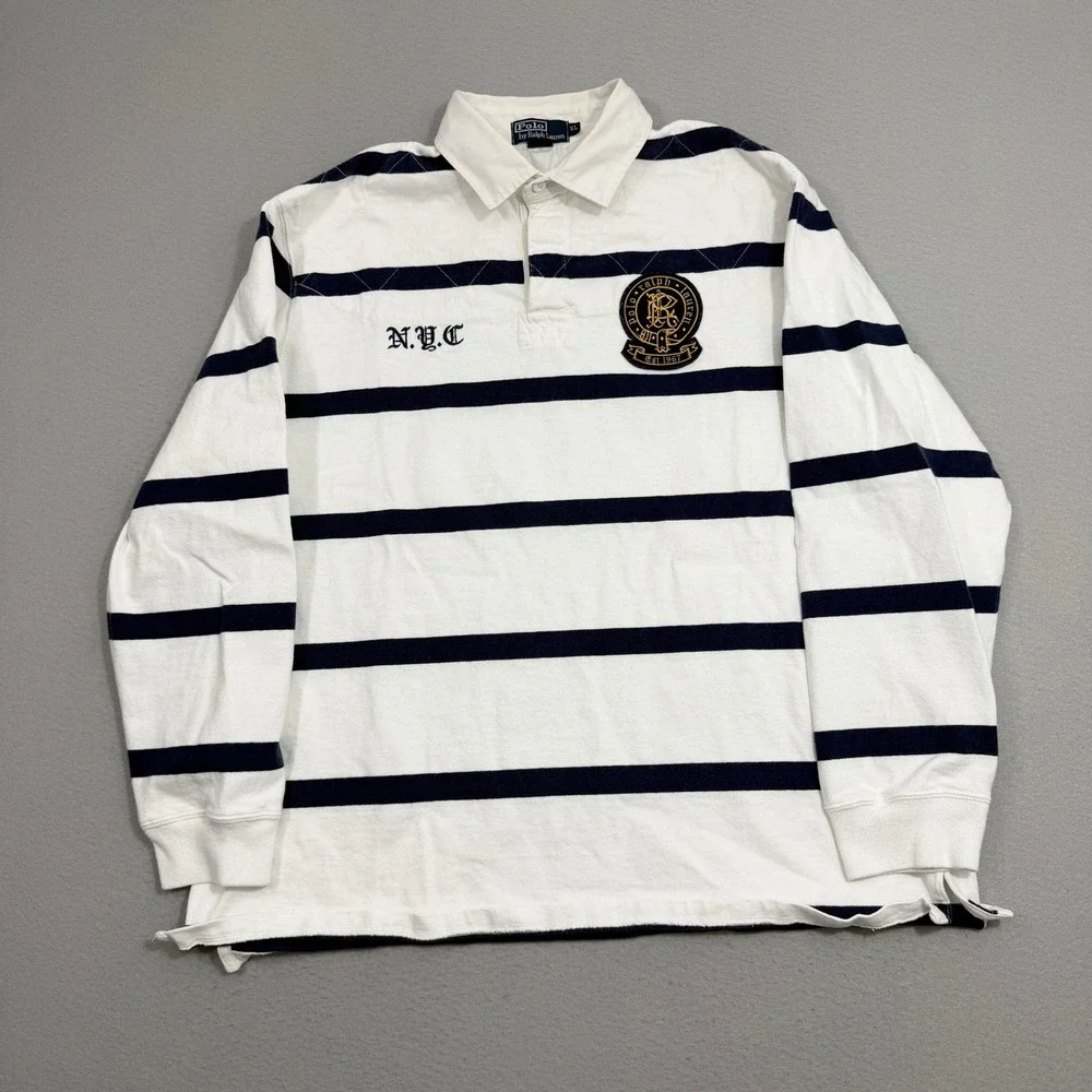 Vintage Polo Ralph Lauren Rugby Shirt Men XL White Striped NYC Crest Long Sleeve
